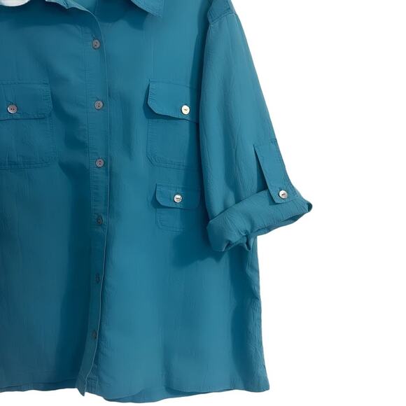 Chico’s Blouse Top Women's Size 3 Large Blue Textured Button Down Tab Sleeves - Picture 4 of 6